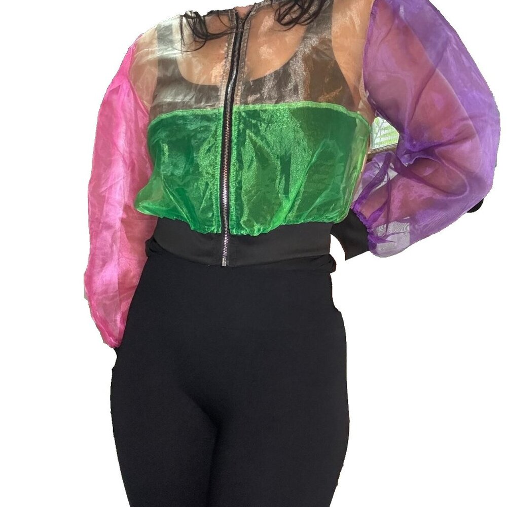 Sheer Colorblocked Cropped Jacket Womens S Purple & Pink Soft Goth